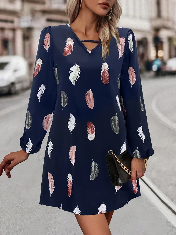 Weekend Shopping Made Better Sixsr Feather Print Lantern Sleeve Dress, V Neck A-line Dress, Women's Clothing Weekend Shopping Made Better Sixsr Feather Print Lantern Sleeve Dress, V Neck A-line Dress, Women's Clothing