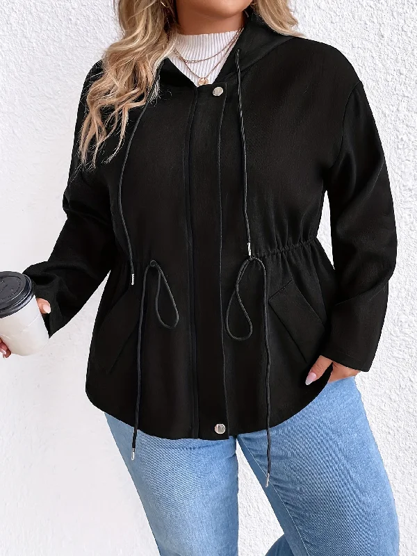 Daily Special Sixsr Plus Size Casual Coat, Women's Plus Solid Long Sleeve Drawstring Zip Up Snap Buttons Hooded Pocketed Coat Daily Special Sixsr Plus Size Casual Coat, Women's Plus Solid Long Sleeve Drawstring Zip Up Snap Buttons Hooded Pocketed Coat