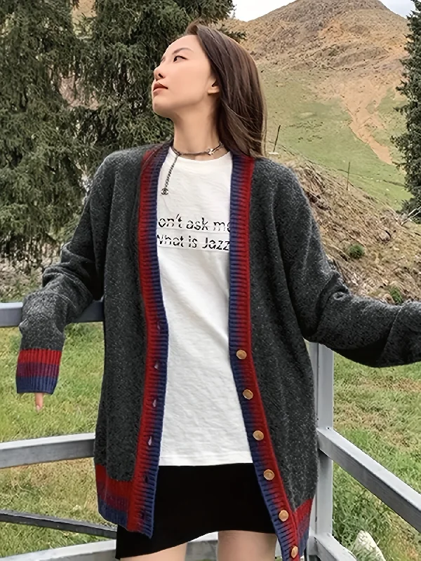 Weekend Specials to Snag Sixsr Contrast Trim Button Down Knit Cardigan, Casual Long Sleeve Loose Sweater, Women's Cothing Weekend Specials to Snag Sixsr Contrast Trim Button Down Knit Cardigan, Casual Long Sleeve Loose Sweater, Women's Cothing