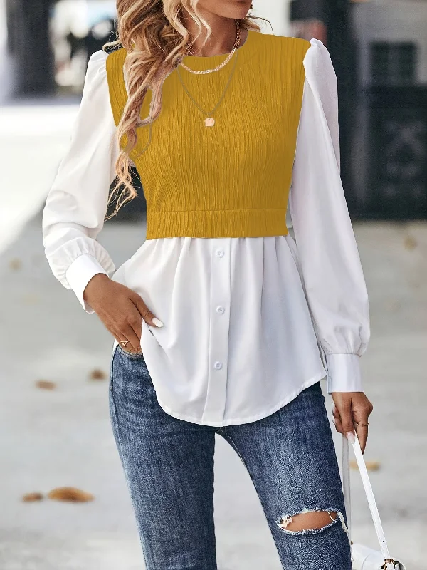 Super Discount Sixsr Color Block Stitching Blouse, Elegant Crew Neck Long Sleeve Blouse, Women's Clothing Super Discount Sixsr Color Block Stitching Blouse, Elegant Crew Neck Long Sleeve Blouse, Women's Clothing