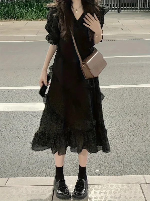 Weekend Steals Await Sixsr Ruffle Trim Puff Sleeve Dress, Casual Solid Color V Neck A-line Dress, Women's Clothing Weekend Steals Await Sixsr Ruffle Trim Puff Sleeve Dress, Casual Solid Color V Neck A-line Dress, Women's Clothing