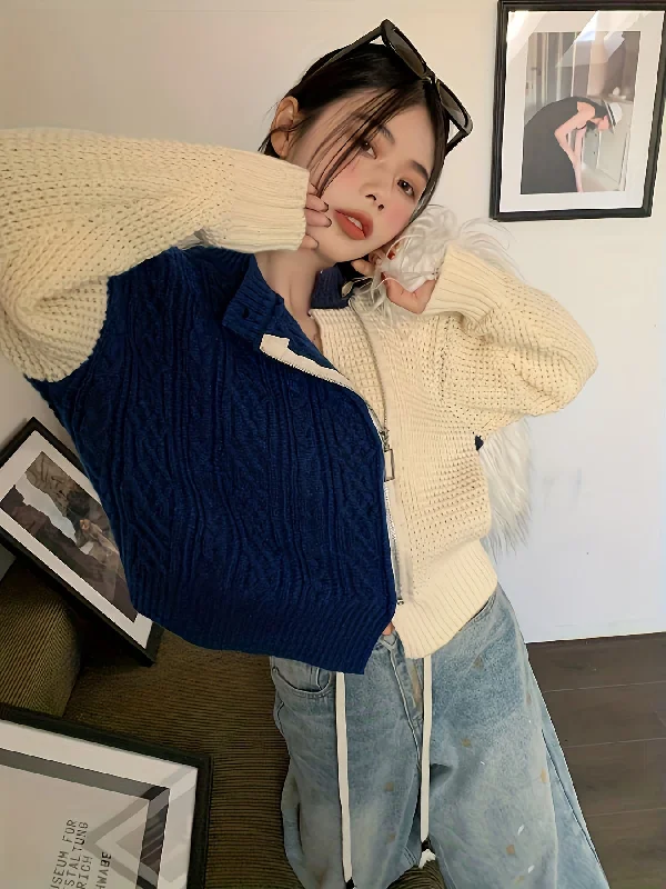 Extra Savings Sixsr Color Block Zip Up Knit Cardigan, Casual Long Sleeve Stylish Sweater, Women's Clothing Extra Savings Sixsr Color Block Zip Up Knit Cardigan, Casual Long Sleeve Stylish Sweater, Women's Clothing