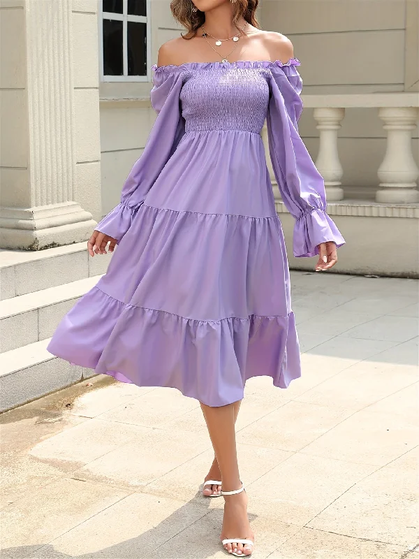 Weekend Deals That Sizzle Sixsr Ruffle Trim Lantern Sleeve Shirred Dress, Casual Squared Neck Tiered Dress, Women's Clothing Weekend Deals That Sizzle Sixsr Ruffle Trim Lantern Sleeve Shirred Dress, Casual Squared Neck Tiered Dress, Women's Clothing