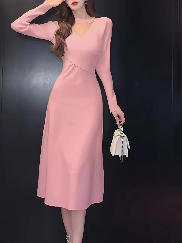 Savings Event Sixsr Solid Cut Out Slim Dress, Elegant Long Sleeve Tie Back Dress For Spring & Fall, Women's Clothing Savings Event Sixsr Solid Cut Out Slim Dress, Elegant Long Sleeve Tie Back Dress For Spring & Fall, Women's Clothing