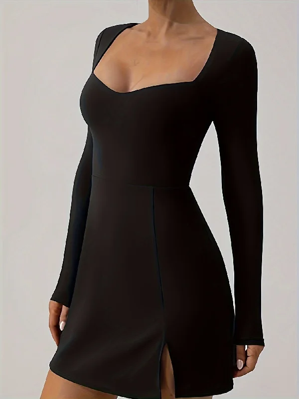 Unbeatable Deal Sixsr Solid Color Long Sleeve Dress, Chic Slim Split Hem Dress For Spring & Fall, Women's Clothing Unbeatable Deal Sixsr Solid Color Long Sleeve Dress, Chic Slim Split Hem Dress For Spring & Fall, Women's Clothing