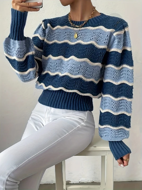 Weekend Savings Extravaganza Sixsr Color Block Striped Pointelle Knit Sweater, Casual Lantern Sleeve Fashion Sweater For Spring & Fall, Women's Clothing Weekend Savings Extravaganza Sixsr Color Block Striped Pointelle Knit Sweater, Casual Lantern Sleeve Fashion Sweater For Spring & Fall, Women's Clothing