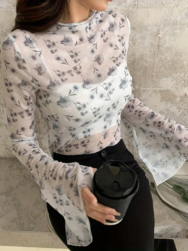Savings Event Sixsr Floral Print Flared Sleeve Blouse, Casual Crew Neck Semi-Sheer Blouse, Women's Clothing Savings Event Sixsr Floral Print Flared Sleeve Blouse, Casual Crew Neck Semi-Sheer Blouse, Women's Clothing