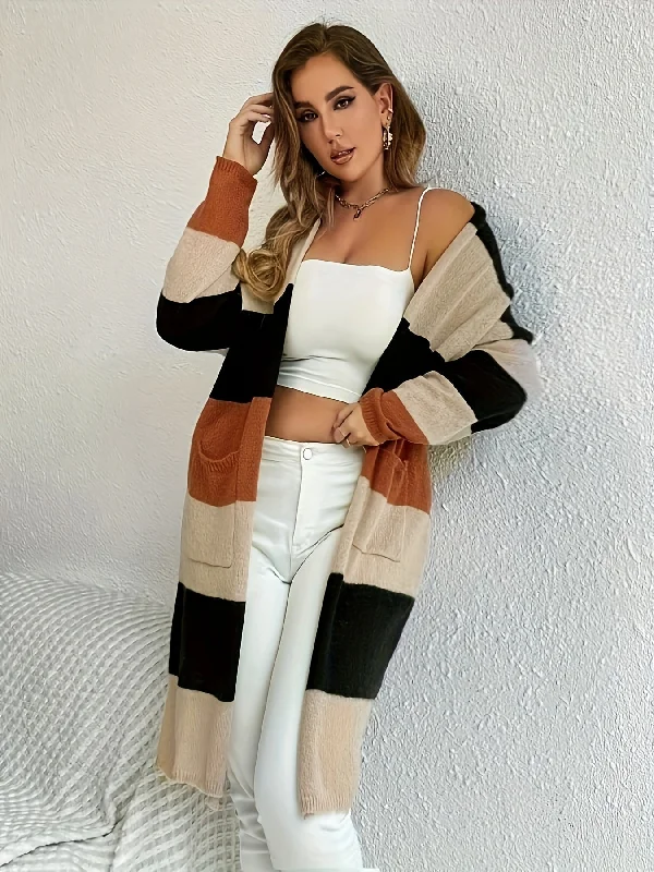 Weekend Deals That Amaze Color Block Striped Open Front Cardigan, Casual Long Sleeve Cardigan, Women's Clothing Weekend Deals That Amaze Color Block Striped Open Front Cardigan, Casual Long Sleeve Cardigan, Women's Clothing