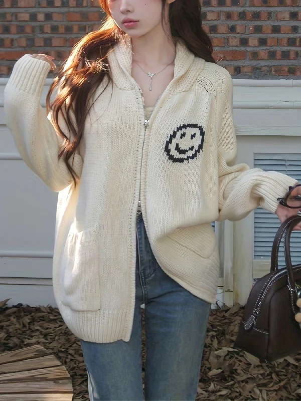 Weekend Deals That Sparkle Sixsr Graphic Pattern Zip Up Knit Cardigan, Casual Long Sleeve Loose Sweater With Pocket, Women's Clothing Weekend Deals That Sparkle Sixsr Graphic Pattern Zip Up Knit Cardigan, Casual Long Sleeve Loose Sweater With Pocket, Women's Clothing