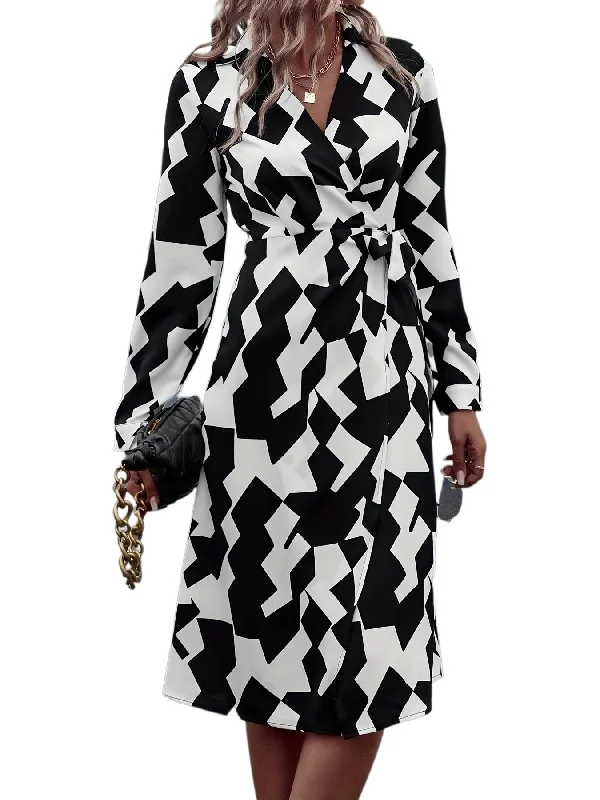 Weekend Specials to Cherish Sixsr Geo Print Wrap V Neck Dress, Elegant Long Sleeve Dress For Spring & Fall, Women's Clothing Weekend Specials to Cherish Sixsr Geo Print Wrap V Neck Dress, Elegant Long Sleeve Dress For Spring & Fall, Women's Clothing