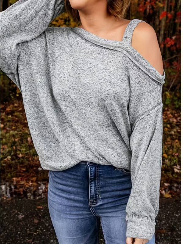 Huge Savings Sixsr Plus Size Casual Sweatshirt, Women's Plus Solid One Shoulder Long Sleeve Irregular Neck Slight Stretch Pullover Sweatshirt, Casual Tops For Fall & Winter, Plus Size Women's Clothing