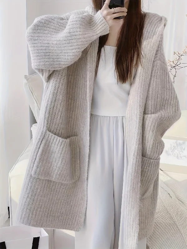 Celebrate the Weekend with Discounts Sixsr Solid Open Front Hooded Cardigan, Versatile Long Sleeve Patched Pockets Cardigan For Fall & Winter, Women's Clothing Celebrate the Weekend with Discounts Sixsr Solid Open Front Hooded Cardigan, Versatile Long Sleeve Patched Pockets Cardigan For Fall & Winter, Women's Clothing