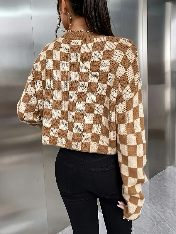 Exclusive Offer Sixsr Plaid Pattern Crew Neck Pullover Sweater, Casual Long Sleeve Sweater, Women's Clothing