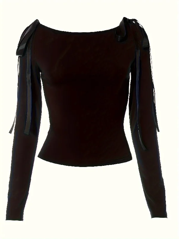 Instant Deal Sixsr Solid Boat Neck Slim Tied T-Shirt, Y2K Long Sleeve Top, Women's Clothing Instant Deal Sixsr Solid Boat Neck Slim Tied T-Shirt, Y2K Long Sleeve Top, Women's Clothing