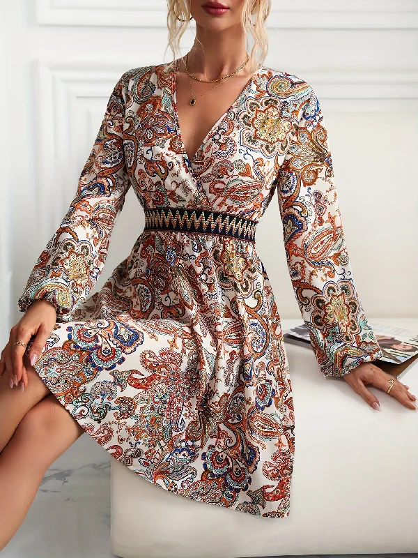 Massive Deal Sixsr Boho Print V Neck Dress, Casual Long Sleeve Dress For Spring, Women's Clothing Massive Deal Sixsr Boho Print V Neck Dress, Casual Long Sleeve Dress For Spring, Women's Clothing