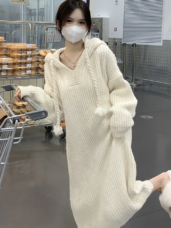 Weekend Bargains to Relish Sixsr Solid Long Sleeve Hooded Knit Dress, Casual Drawstring Thermal Dress For Fall & Winter, Women's Clothing Weekend Bargains to Relish Sixsr Solid Long Sleeve Hooded Knit Dress, Casual Drawstring Thermal Dress For Fall & Winter, Women's Clothing