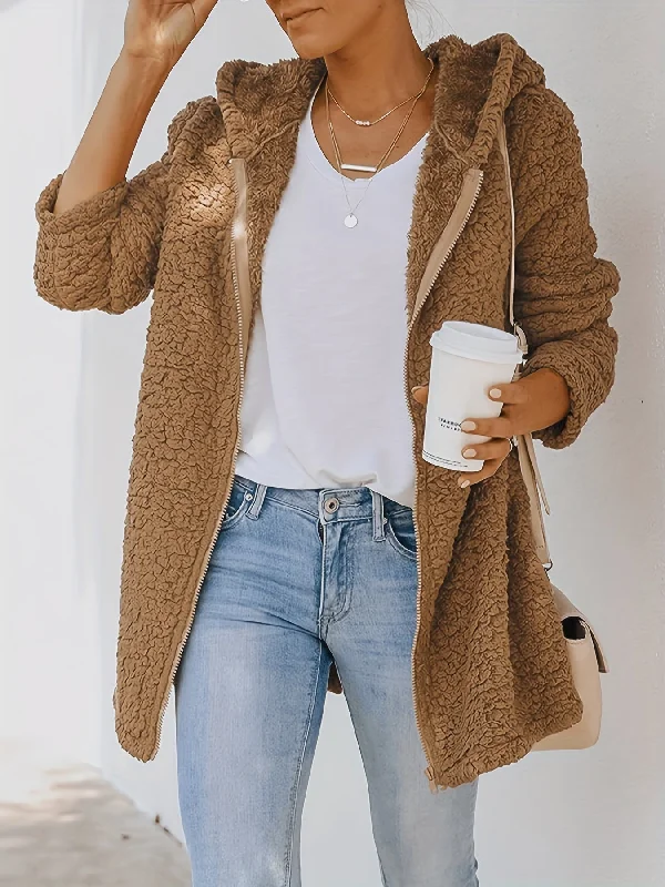 Don't Miss Out Sixsr Plus Size Casual Coat, Women's Plus Solid Fluffy Long Sleeve Zip Up Hooded Teddy Coat Don't Miss Out Sixsr Plus Size Casual Coat, Women's Plus Solid Fluffy Long Sleeve Zip Up Hooded Teddy Coat
