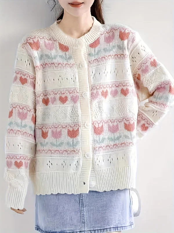 Weekend Bargains Galore Sixsr Tulip Pattern Button Front Cardigan, Vintage Long Sleeve Drop Shoulder Outwear, Women's Clothing Weekend Bargains Galore Sixsr Tulip Pattern Button Front Cardigan, Vintage Long Sleeve Drop Shoulder Outwear, Women's Clothing
