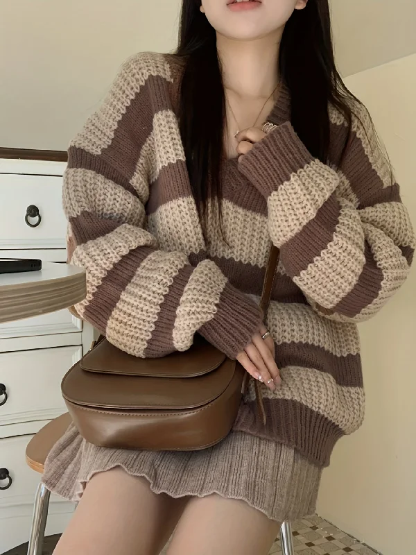 Weekend-Only Price Drops Sixsr Striped V Neck Pullover Sweater, Casual Long Sleeve Drop Shoulder Sweater, Women's Clothing Weekend-Only Price Drops Sixsr Striped V Neck Pullover Sweater, Casual Long Sleeve Drop Shoulder Sweater, Women's Clothing