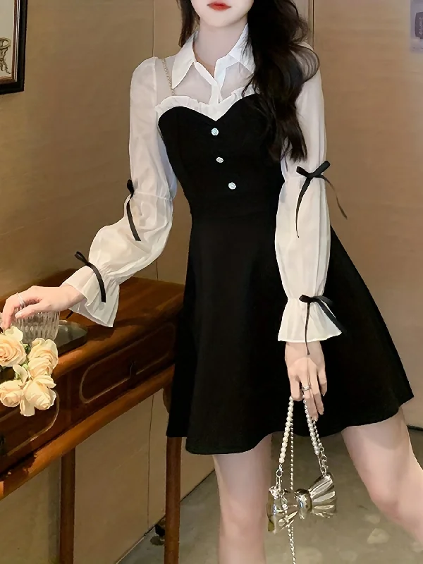 Weekend Bargains to Relish Sixsr Ruffle Trim Splicing Dress, Elegant Turn Down Collar Long Sleeve Sweetheart Neck Dress, Women's Clothing Weekend Bargains to Relish Sixsr Ruffle Trim Splicing Dress, Elegant Turn Down Collar Long Sleeve Sweetheart Neck Dress, Women's Clothing