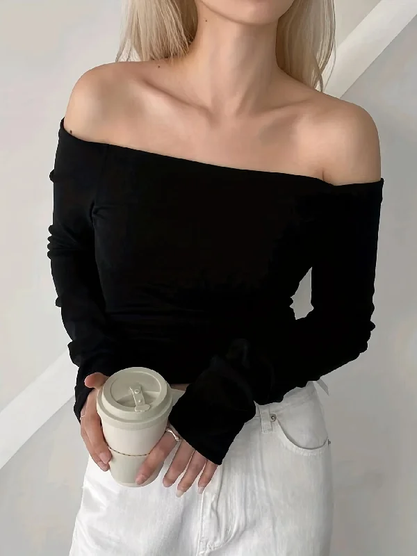 New Deal Sixsr Solid Off Shoulder T-Shirt, Casual Slim Long Sleeve Top For Spring & Fall, Women's Clothing New Deal Sixsr Solid Off Shoulder T-Shirt, Casual Slim Long Sleeve Top For Spring & Fall, Women's Clothing