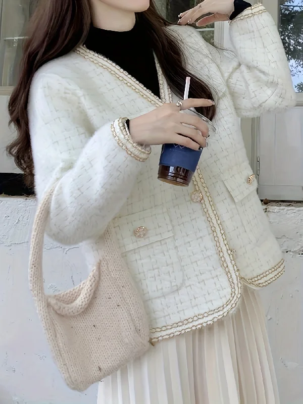 Weekend Shopping Made Better Sixsr Plaid Pattern Button Down Knit Cardigan, Elegant Long Sleeve Pocket Sweater Coat, Women's Clothing Weekend Shopping Made Better Sixsr Plaid Pattern Button Down Knit Cardigan, Elegant Long Sleeve Pocket Sweater Coat, Women's Clothing