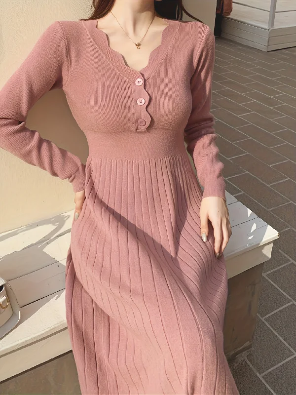Weekend Discounts to Savor Sixsr Button Front V-neck Sweater Dress, Solid Long Sleeve Dress, Women's Clothing Weekend Discounts to Savor Sixsr Button Front V-neck Sweater Dress, Solid Long Sleeve Dress, Women's Clothing