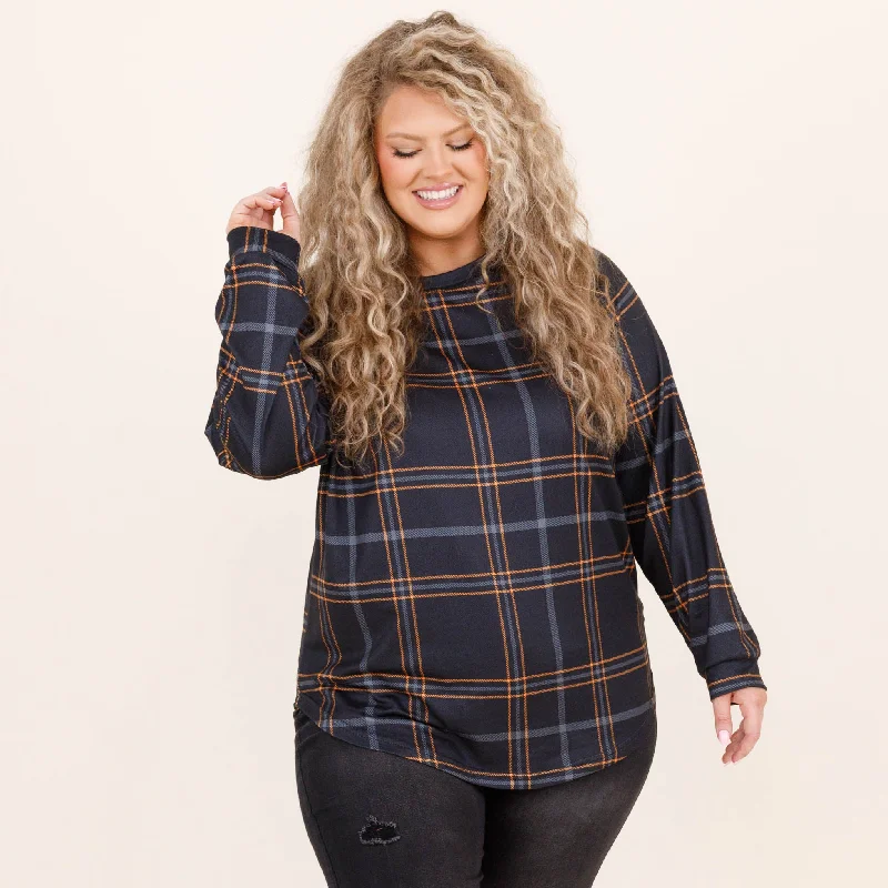 Weekend Special Curved Hem Slouchy Dolman Tunic, Gray Plaid