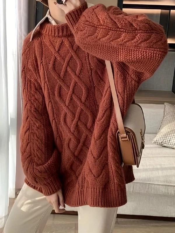 Great Deal Sixsr Solid Crew Neck Cable Knit Sweater, Casual Long Sleeve Oversized Sweater, Women's Clothing Great Deal Sixsr Solid Crew Neck Cable Knit Sweater, Casual Long Sleeve Oversized Sweater, Women's Clothing