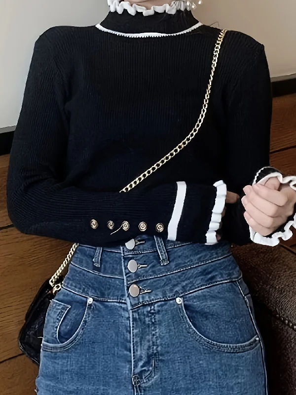 Weekend Savings Fiesta Sixsr Lettuce Trim Turtle Neck Pullover Sweater, Elegant Button Long Sleeve Slim Sweater, Women's Clothing Weekend Savings Fiesta Sixsr Lettuce Trim Turtle Neck Pullover Sweater, Elegant Button Long Sleeve Slim Sweater, Women's Clothing