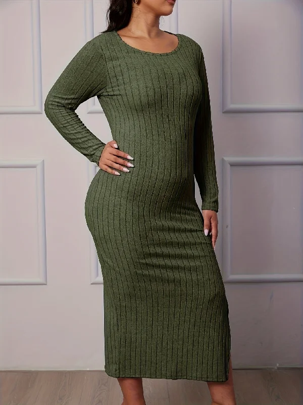 Weekend Offers That Excite Sixsr Plus Size Casual Dress, Women's Plus Solid Ribbed Long Sleeve Round Neck Split Hem Maxi Dress Weekend Offers That Excite Sixsr Plus Size Casual Dress, Women's Plus Solid Ribbed Long Sleeve Round Neck Split Hem Maxi Dress