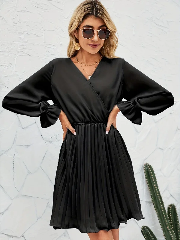 Weekend Savings Bonanza Sixsr Surplice Neck Pleated Dress, Elegant Long Sleeve Dress For Spring & Fall, Women's Clothing Weekend Savings Bonanza Sixsr Surplice Neck Pleated Dress, Elegant Long Sleeve Dress For Spring & Fall, Women's Clothing