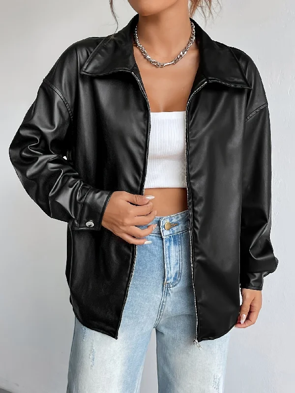 Overstock Clearance Sixsr Solid Zipper Front PU Leather Jacket, Casual Y2K Long Sleeve Jacket For Spring & Fall, Women's Clothing Overstock Clearance Sixsr Solid Zipper Front PU Leather Jacket, Casual Y2K Long Sleeve Jacket For Spring & Fall, Women's Clothing