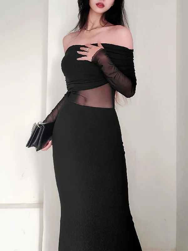 Weekend Offers That Tempt Sixsr Foldover Off-shoulder Mesh Dress, Stylish Long Sleeve Slim Dress, Women's Clothing Weekend Offers That Tempt Sixsr Foldover Off-shoulder Mesh Dress, Stylish Long Sleeve Slim Dress, Women's Clothing