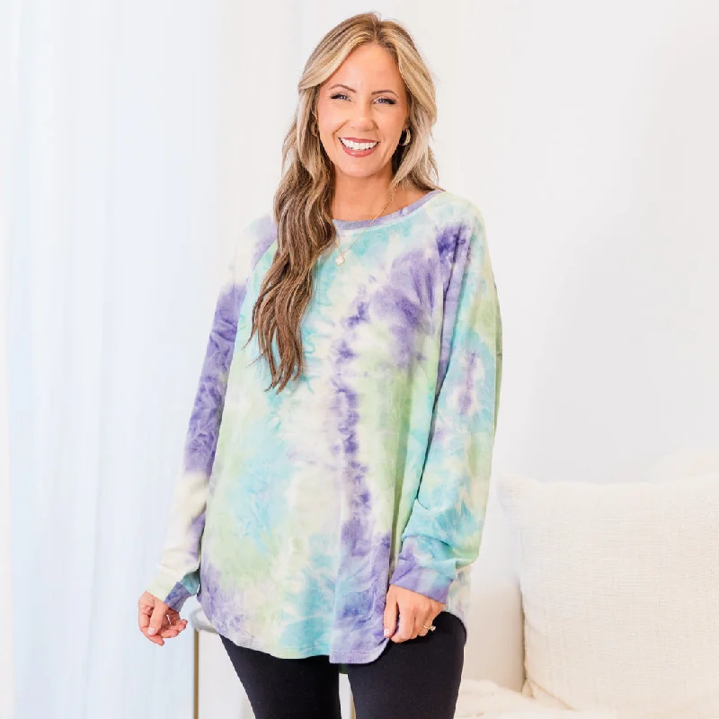 Price Slash Curved Hem Slouchy Dolman Tunic, Tie Dye Purple