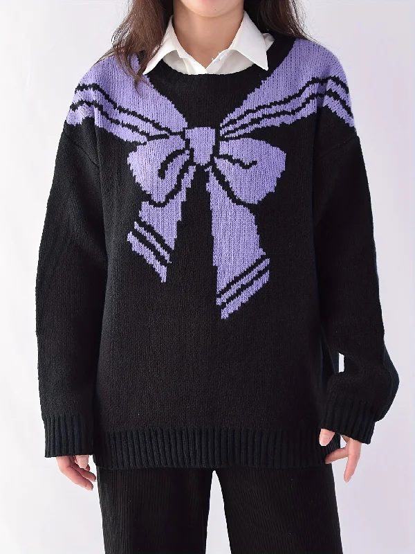 Weekend Extravaganza: Shop Now Sixsr Bow Pattern Drop Shoulder Sweater, Casual Long Sleeve Sweater For Fall & Winter, Women's Clothing Weekend Extravaganza: Shop Now Sixsr Bow Pattern Drop Shoulder Sweater, Casual Long Sleeve Sweater For Fall & Winter, Women's Clothing