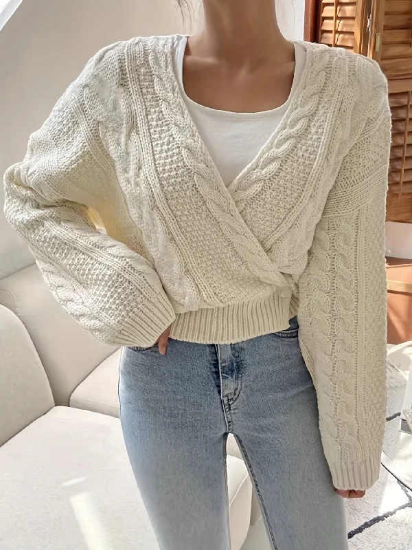 Deal of the Day Sixsr Solid Cable Surplice Neck Cardigan, Vintage Long Sleeve Drop Shoulder Outwear, Women's Clothing Deal of the Day Sixsr Solid Cable Surplice Neck Cardigan, Vintage Long Sleeve Drop Shoulder Outwear, Women's Clothing