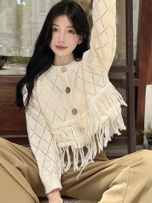 Weekend Deals You Can't Resist Sixsr Tassel Hem Pointelle Knit Cardigan, Preppy Long Sleeve Cardigan For Fall & Winter, Women's Clothing Weekend Deals You Can't Resist Sixsr Tassel Hem Pointelle Knit Cardigan, Preppy Long Sleeve Cardigan For Fall & Winter, Women's Clothing