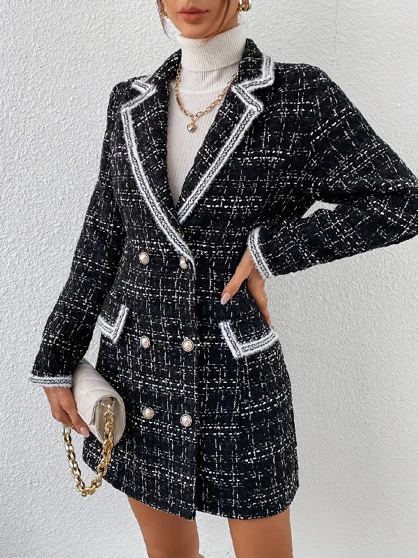 Huge Savings Sixsr Contrast Trim Double Breasted Blazer, Elegant Lapel Long Sleeve Outerwear, Women's Clothing Huge Savings Sixsr Contrast Trim Double Breasted Blazer, Elegant Lapel Long Sleeve Outerwear, Women's Clothing
