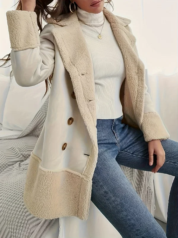 Pay Less Sixsr Fuzzy Trim Double Breasted Coat, Elegant Long Sleeve Warm Outerwear, Women's Clothing