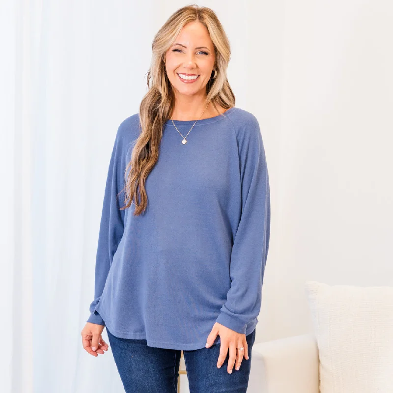 Crazy Deal Curved Hem Slouchy Dolman Knitted Tunic, Denim