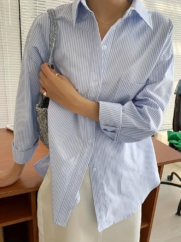 Weekend Deals That Sizzle Sixsr Striped Print Patched Pocket Shirt, Vintage Long Sleeve Drop Shoulder Shirt, Women's Clothing Weekend Deals That Sizzle Sixsr Striped Print Patched Pocket Shirt, Vintage Long Sleeve Drop Shoulder Shirt, Women's Clothing