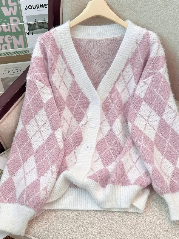 Weekend Deal Sixsr Plaid Button Down Knit Cardigan, Casual Long Sleeve Loose Thick Sweater For Winter, Women's Clothing Weekend Deal Sixsr Plaid Button Down Knit Cardigan, Casual Long Sleeve Loose Thick Sweater For Winter, Women's Clothing