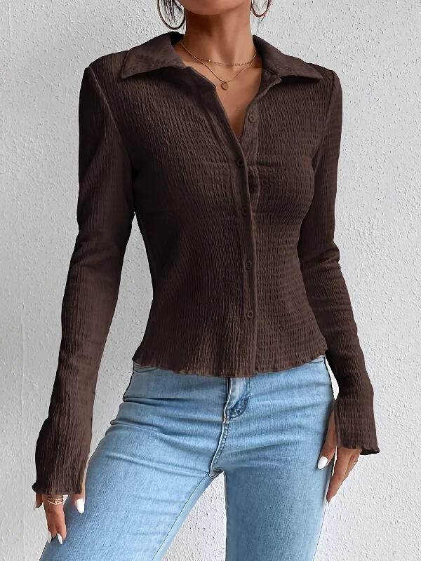 Massive Savings Sixsr Textured Button Front Collared Blouse, Casual Long Sleeve Top For Spring & Fall, Women's Clothing Massive Savings Sixsr Textured Button Front Collared Blouse, Casual Long Sleeve Top For Spring & Fall, Women's Clothing