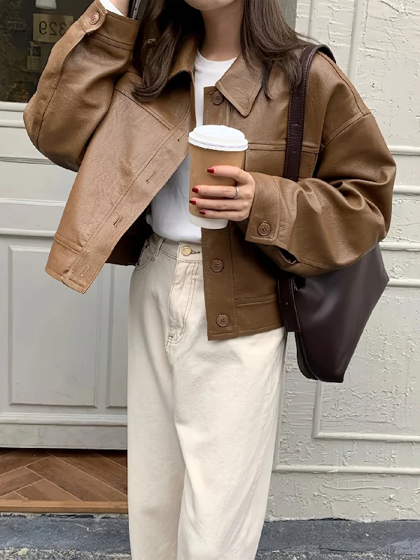 Clearance Sale Sixsr Solid Faux Leather Vintage Jacket, Long Sleeve Single Breasted Outwear For Fall & Winter, Women's Clothing Clearance Sale Sixsr Solid Faux Leather Vintage Jacket, Long Sleeve Single Breasted Outwear For Fall & Winter, Women's Clothing