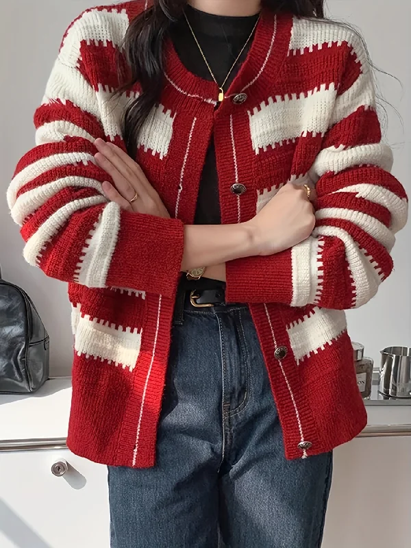 Weekend Specials Just for You Sixsr Striped Pattern Button Front Cardigan, Vintage Long Sleeve Drop Shoulder Outwear, Women's Clothing Weekend Specials Just for You Sixsr Striped Pattern Button Front Cardigan, Vintage Long Sleeve Drop Shoulder Outwear, Women's Clothing