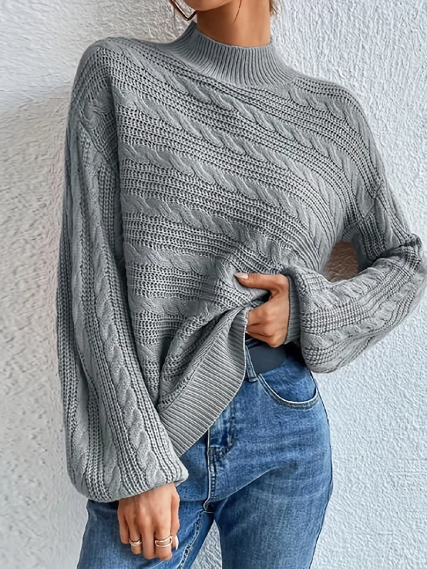 Weekend Extravaganza: Shop Now Sixsr Solid Mock Neck Cable Knit Sweater, Casual Long Sleeve Loose Sweater, Women's Clothing Weekend Extravaganza: Shop Now Sixsr Solid Mock Neck Cable Knit Sweater, Casual Long Sleeve Loose Sweater, Women's Clothing