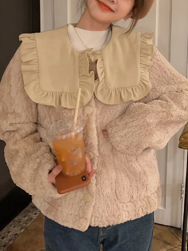 Price Slash Sixsr Button Front Ruffle Trim Lapel Plush Coat, Long Sleeve Dual Pockets Outerwear For Fall & Winter, Women's Clothing Price Slash Sixsr Button Front Ruffle Trim Lapel Plush Coat, Long Sleeve Dual Pockets Outerwear For Fall & Winter, Women's Clothing