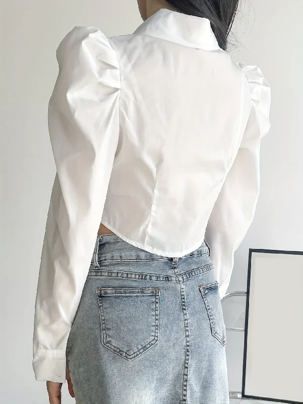 Weekend Deals That Wow Sixsr Puff Sleeve Button Front Blouse, Casual Solid Color Lapel Crop Blouse For Spring & Fall, Women's Clothing Weekend Deals That Wow Sixsr Puff Sleeve Button Front Blouse, Casual Solid Color Lapel Crop Blouse For Spring & Fall, Women's Clothing