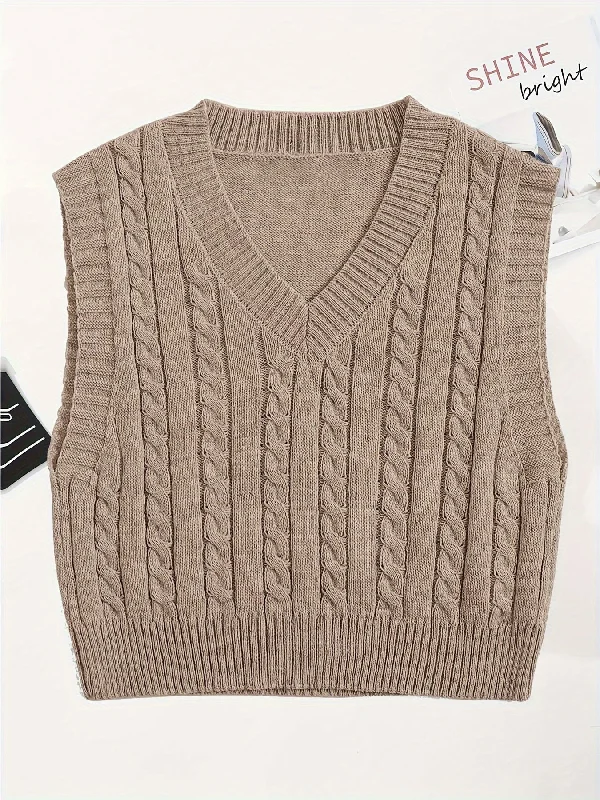 Weekend Bargains to Sizzle Sixsr Solid V Neck Cable Knit Vest, Elegant Sleeveless Sweater Vest, Women's Clothing Weekend Bargains to Sizzle Sixsr Solid V Neck Cable Knit Vest, Elegant Sleeveless Sweater Vest, Women's Clothing